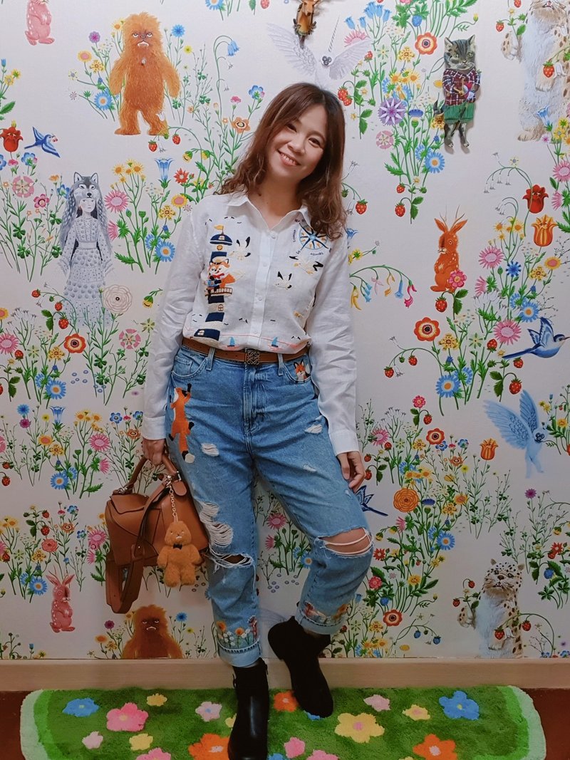 手工刺绣衬衫、亚麻、灯塔、狐狸、船、海洋、大海 - 女装上衣 - 绣线 白色