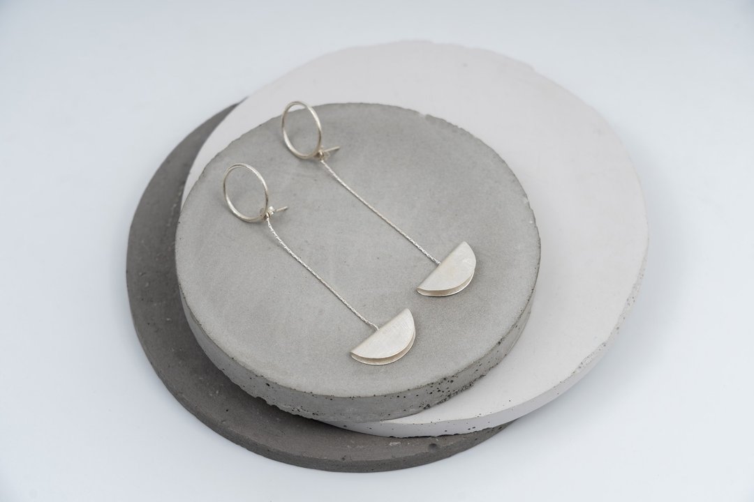 SunMoon stud-dangle long earrings (STE13) - 耳环/耳夹 - 银 银色