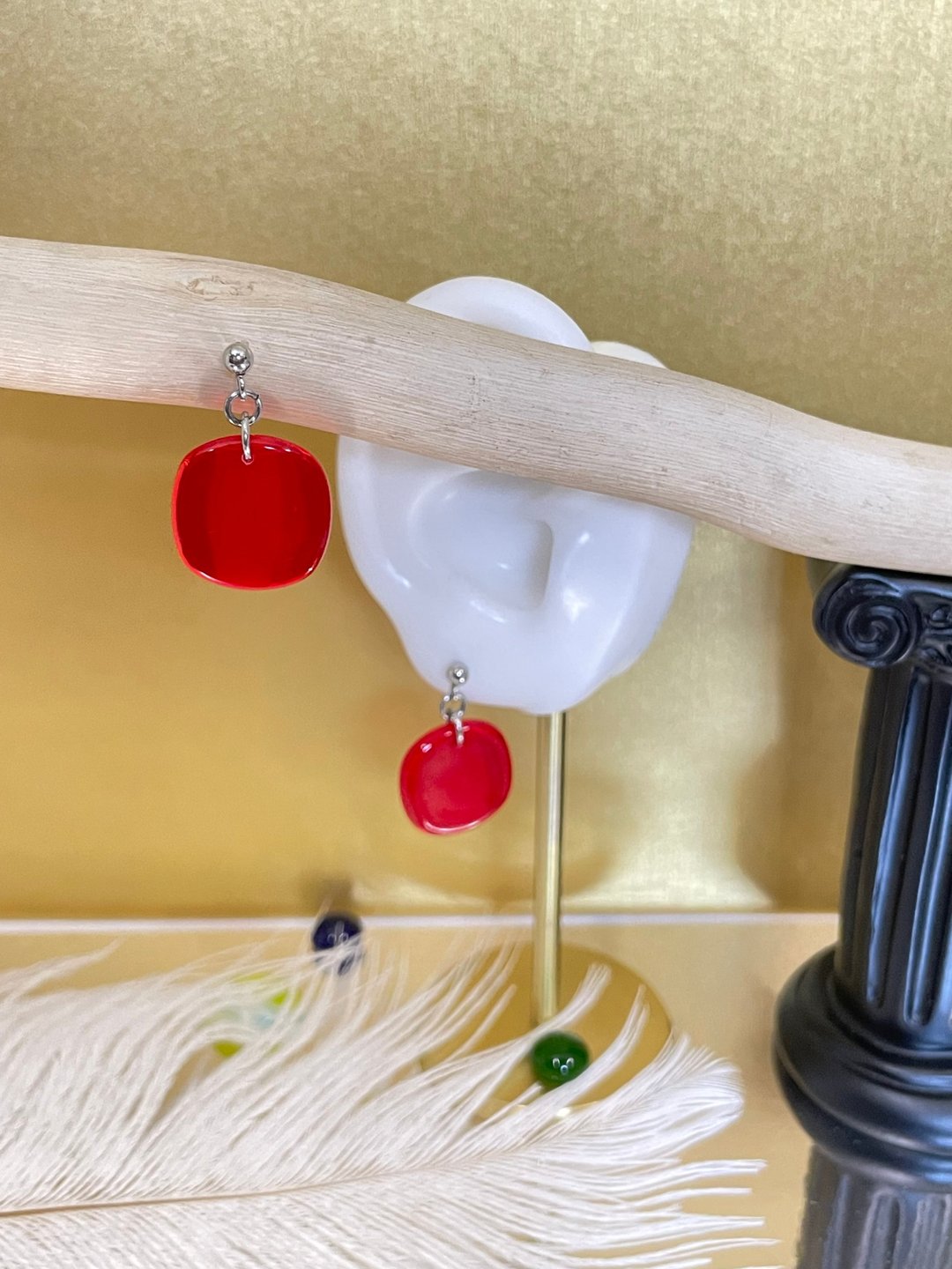 方块红 琉璃耳环 窗花复古耳环 手作饰品 医疗钢耳环 - 耳环/耳夹 - 琉璃 红色