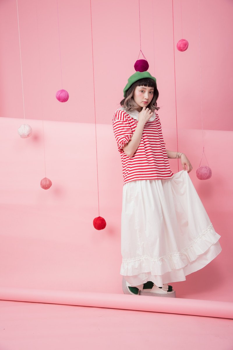 :EMPHASIZE小圆领砰砰袖下摆荷叶边短袖及踝长洋-白 - 洋装/连衣裙 - 棉．麻 白色