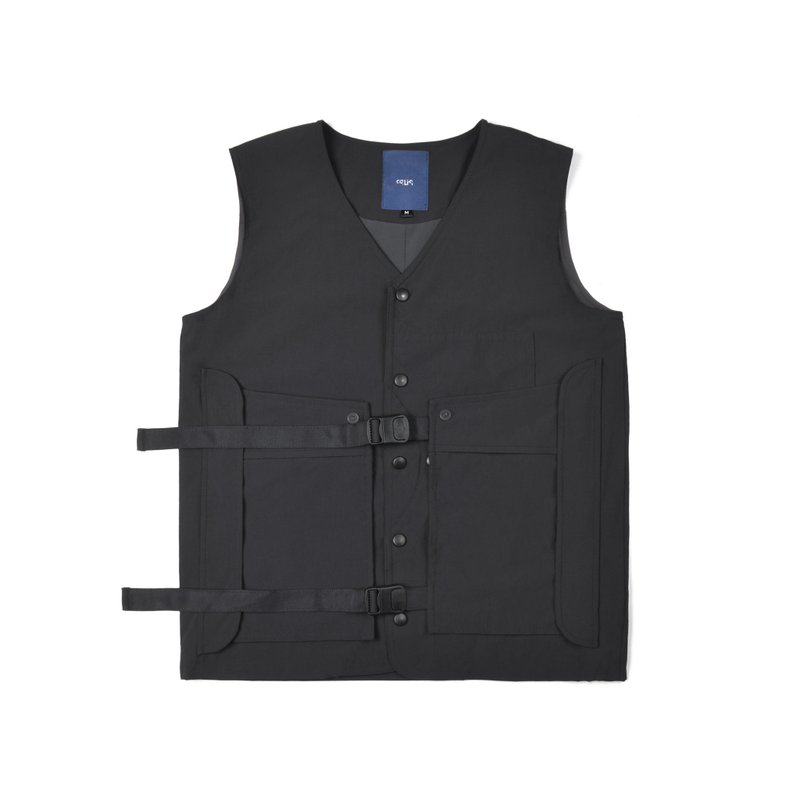 oqLiq  - AdHeRe - 拆卸口袋门字工装背心(黑) - 男装背心 - 聚酯纤维 黑色