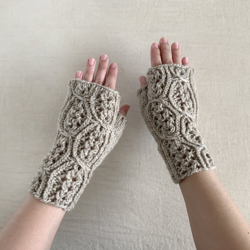晓织物-手工编织露指手套-花园 浅石墨 - 手套 - 羊毛 卡其色