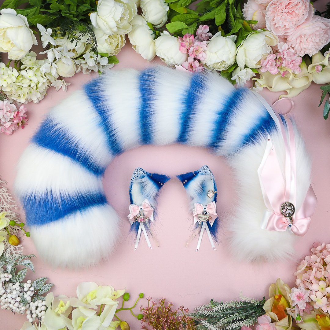 White and Blue Cheshire Cat Ears and Tail Set Faux Fur Ears and Tail Set - 发饰 - 其他人造纤维 蓝色