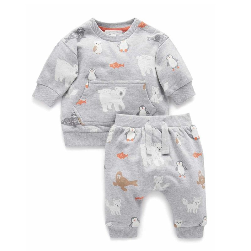 澳洲Purebaby有机棉男/女童长上衣裤套装 6M-2T 灰色北极熊 - 童装上衣 - 棉．麻 