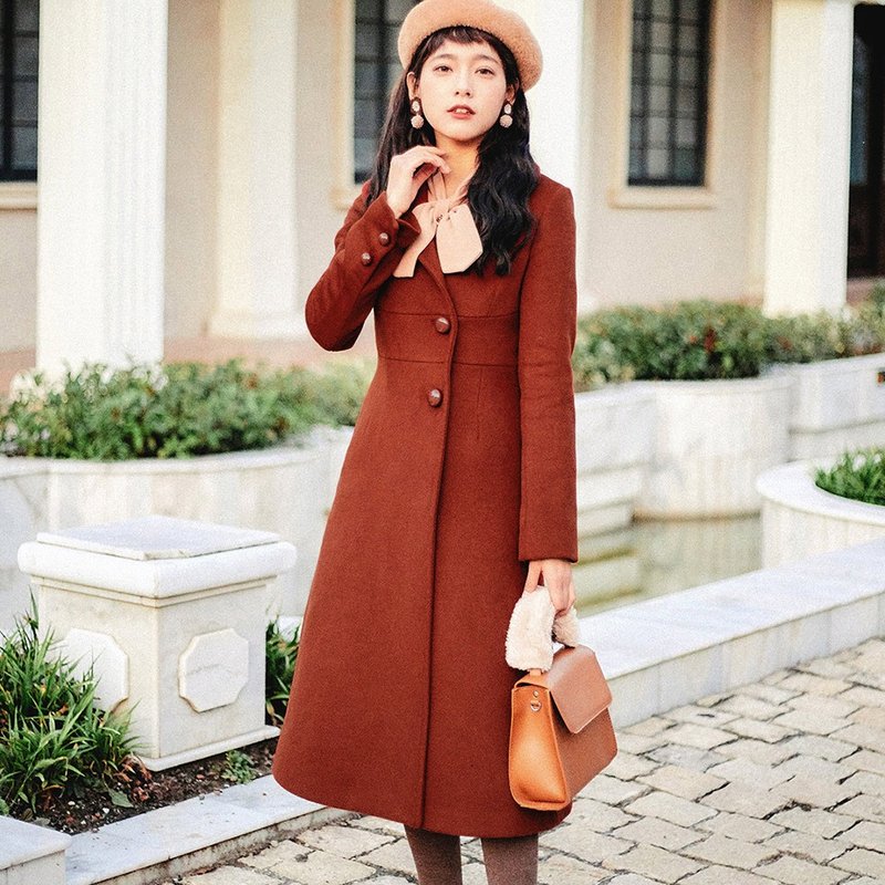 【全场特价】2018女装冬季穿搭西装领收腰长款呢外套 YDD81217 - 女装休闲/机能外套 - 聚酯纤维 红色