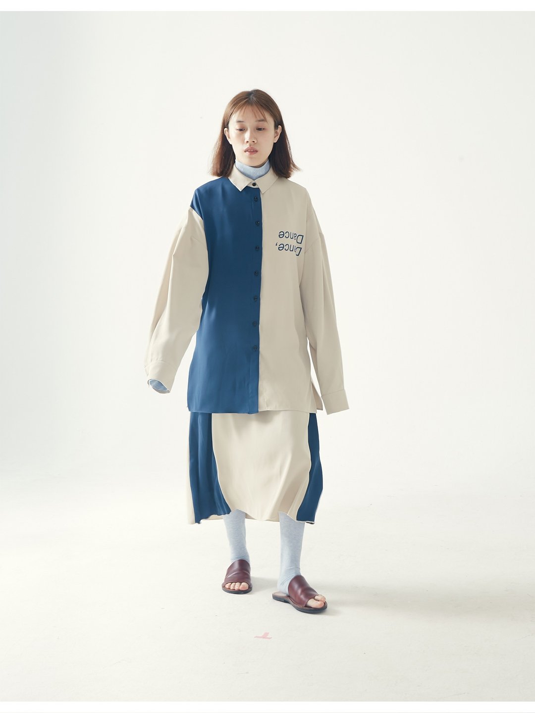 muterumours哑谜 日本强捻杏色蓝色 字母印花拼接衬衫 垂顺不易皱 - 女装衬衫 - 聚酯纤维 