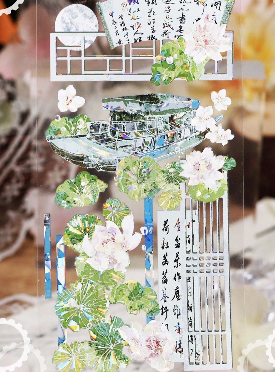 蔓波綠荷 蓮の花 古風綺麗花景 PET 和紙膠帶 貝殼光 10米卷 - 纸胶带 - 其他材质 绿色