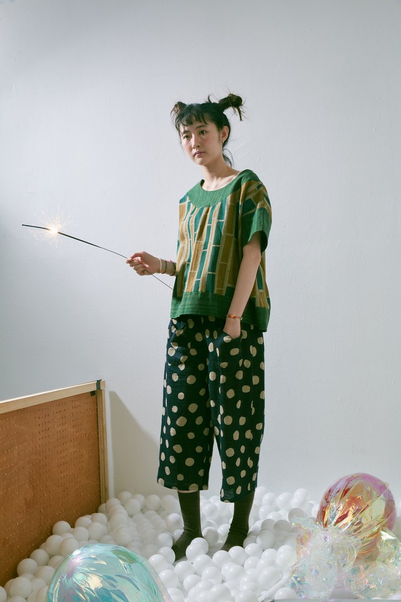 不规则点点宽直筒裤 - 女装长裤 - 棉．麻 蓝色