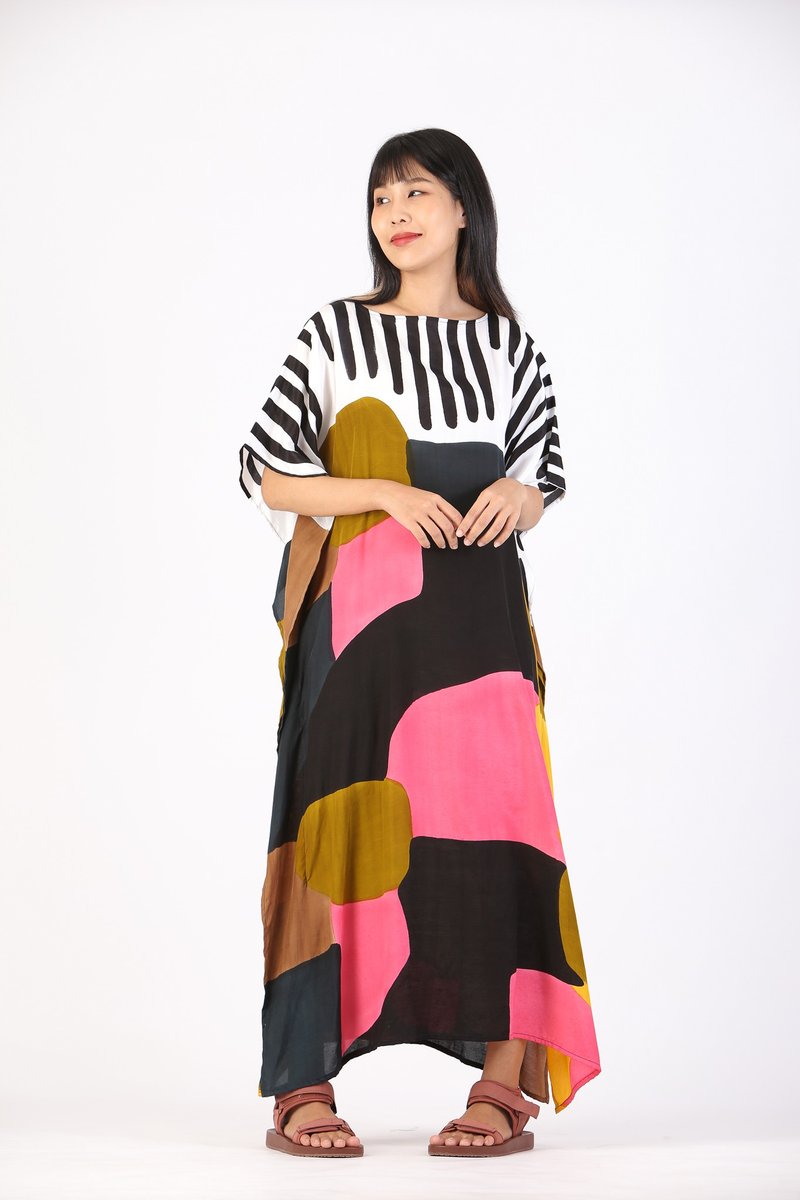 Hand Painted Cotton Silk Kaftan for Summer Resort Vacation F - 洋装/连衣裙 - 棉．麻 多色