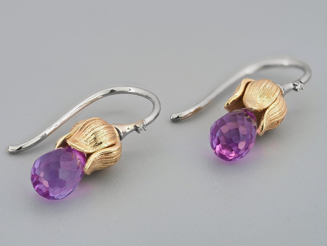 Flower design earrings with amethysts and diamonds - 耳环/耳夹 - 贵金属 橘色