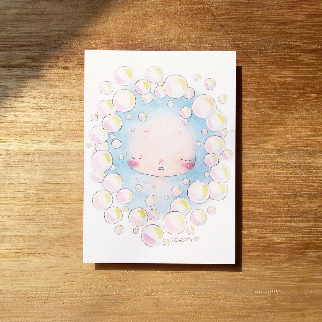 烦恼的重量 泡泡浴 水彩插画明信片 - 卡片/明信片 - 纸 蓝色
