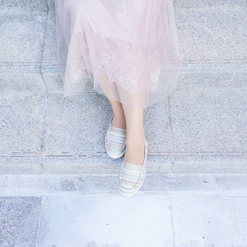 姉妹日 | 绿光可可花布鞋.裸肤色条纹.上班族推荐.珠光.真皮鞋垫 - 女款休闲鞋 - 棉．麻 橘色