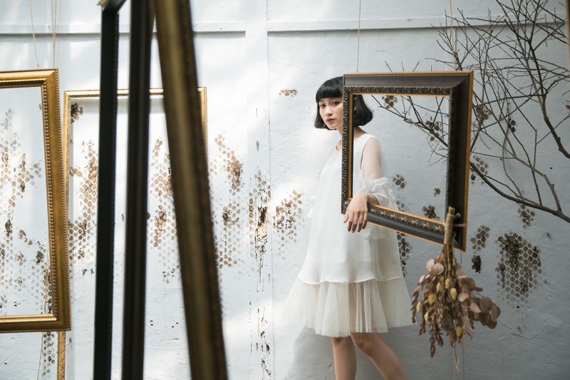 马克的纯真年代 雪纺拼接硬网与乌干纱造型洋装 - 洋装/连衣裙 - 棉．麻 白色