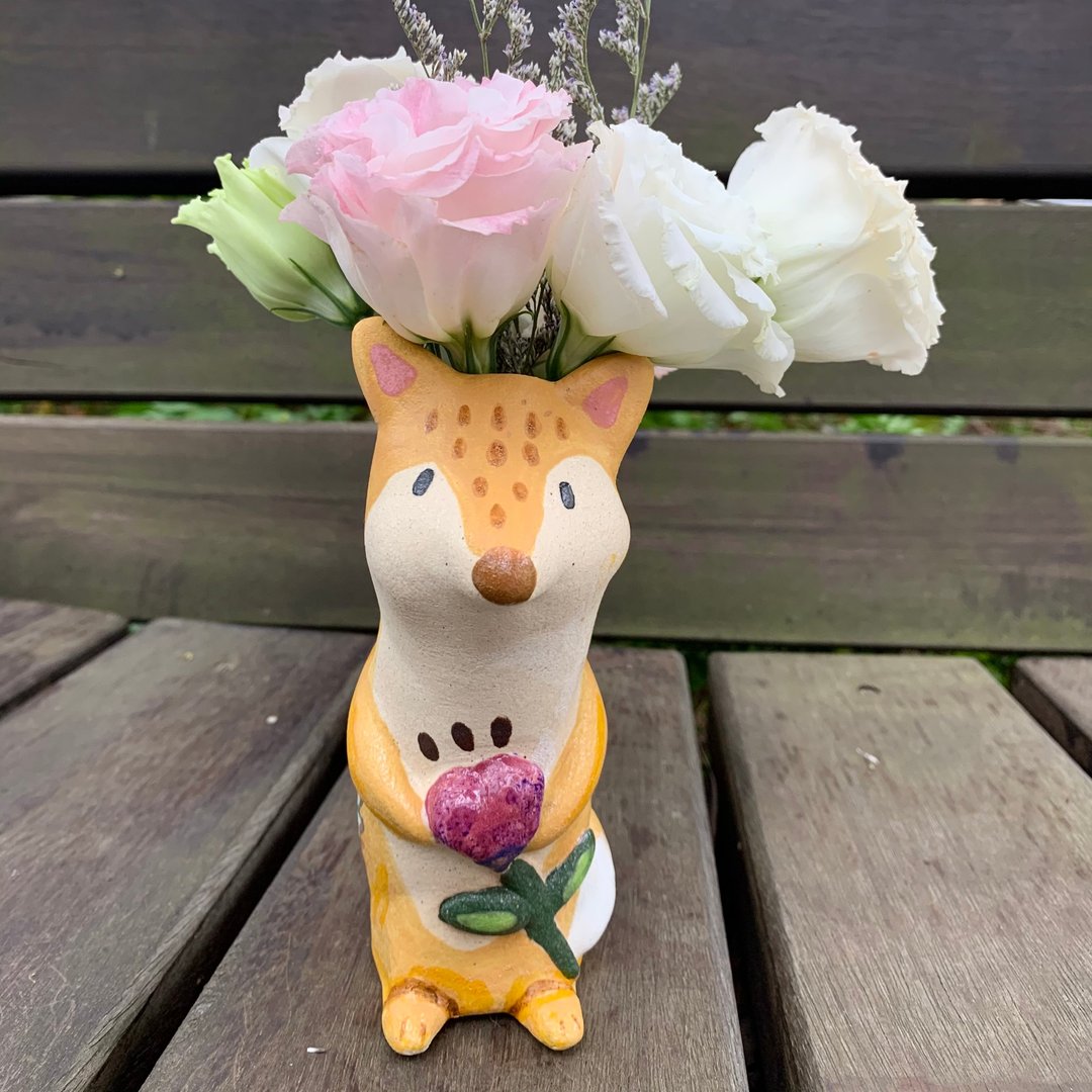 A Lu - 狐狸陶花瓶/摆饰/笔筒 手做手绘 作品有些微裂痕 仅此一 - 花瓶/陶器 - 陶 多色
