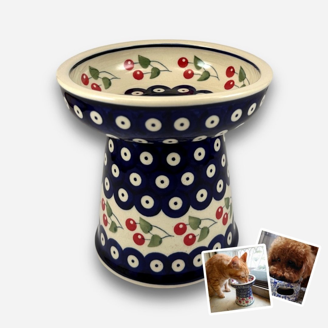 波兰手绘手工陶-宠物碗 高脚碗 猫咪/小型犬适用 14cm - 碗/碗架 - 陶 多色