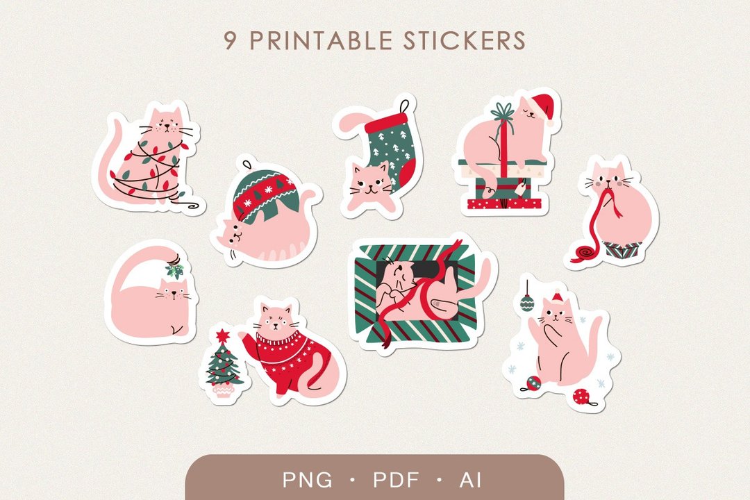 9 Christmas Cats Stickers, Printable Digital Stickers Bundle - 电脑手机桌布/贴图/App 图示 - 其他材质 