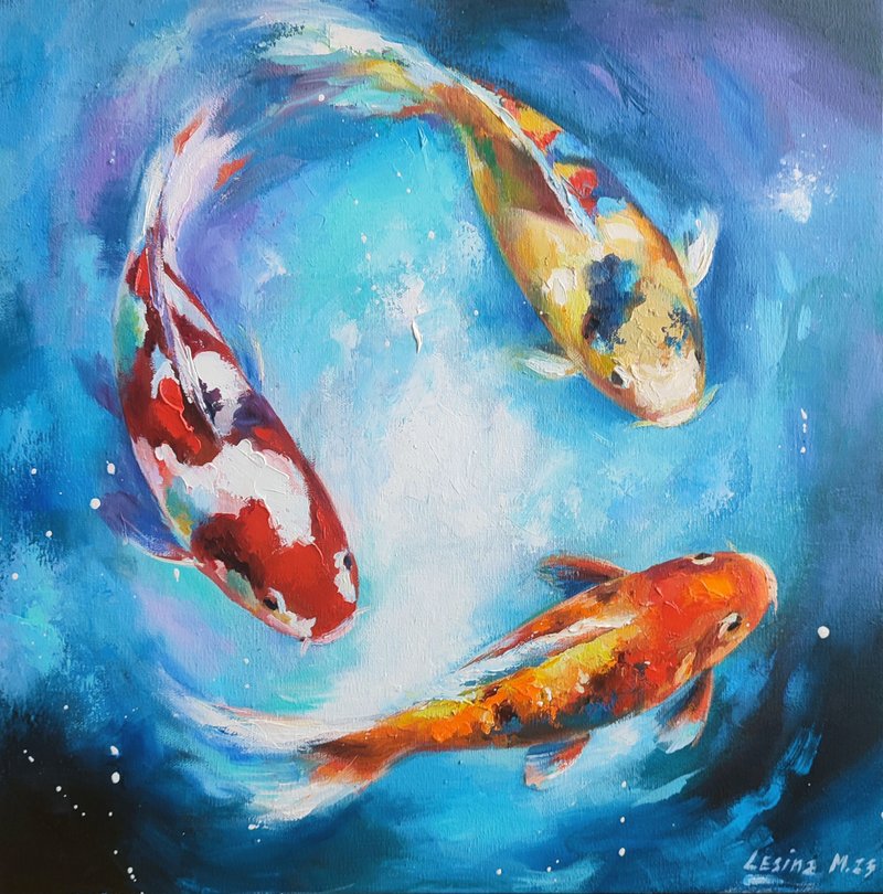 Koi Fish Painting Carp Oil Art Feng Shui Painting Japanese A - 墙贴/壁贴 - 其他材质 