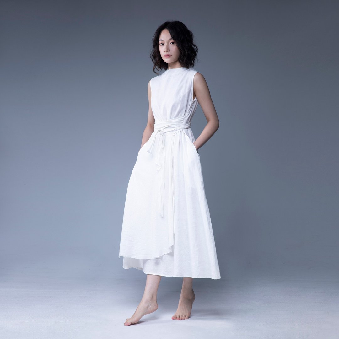 Aman No.45 经典仙女洋2号  白色亚麻 - 洋装/连衣裙 - 棉 