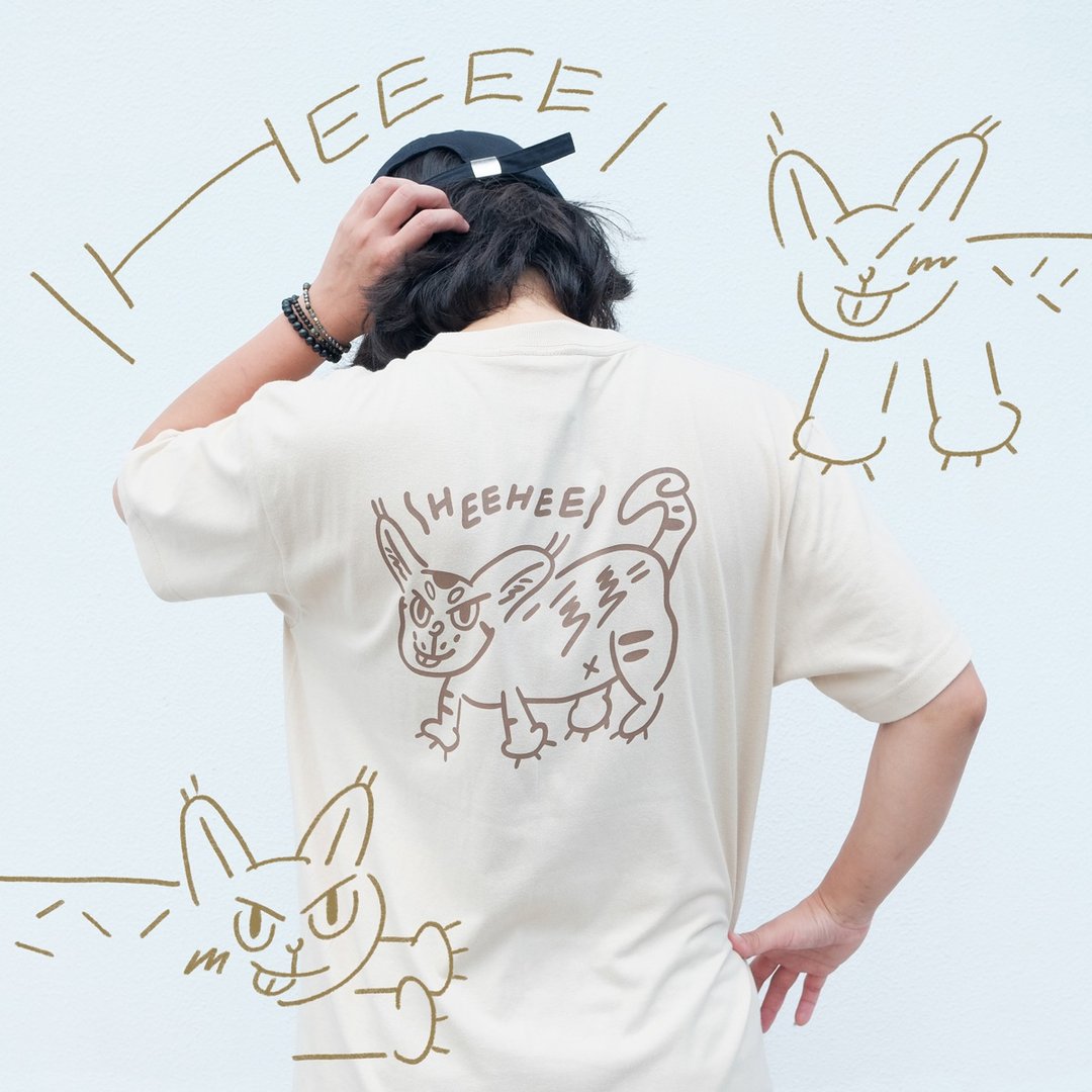 猫岛 T-shirt / 沙棕怪猫三点 - 女装 T 恤 - 棉 卡其色