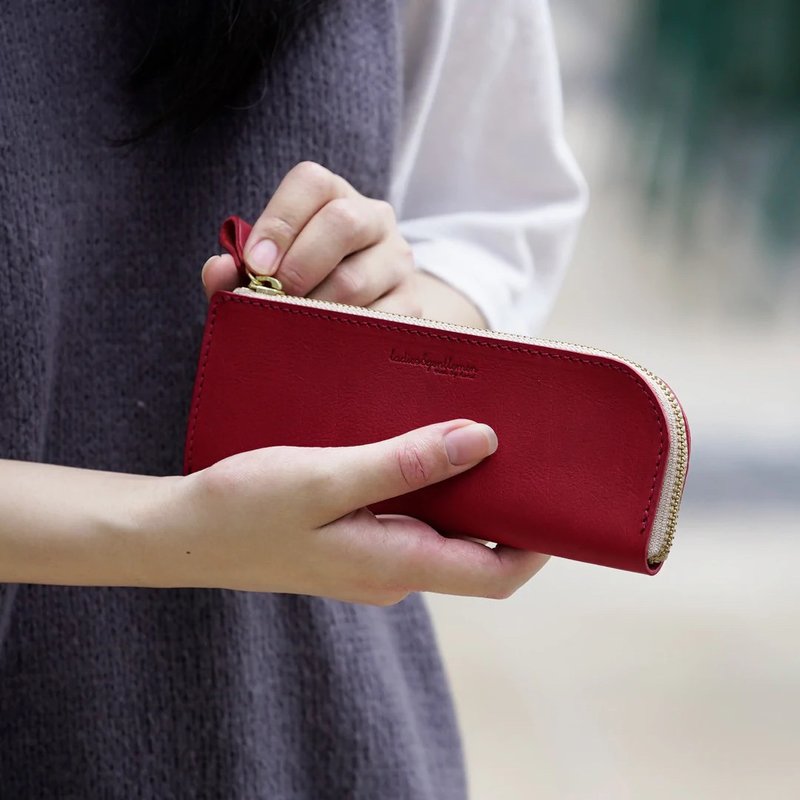 L字拉链笔盒 意大利皮革 - 铅笔盒/笔袋 - 真皮 红色