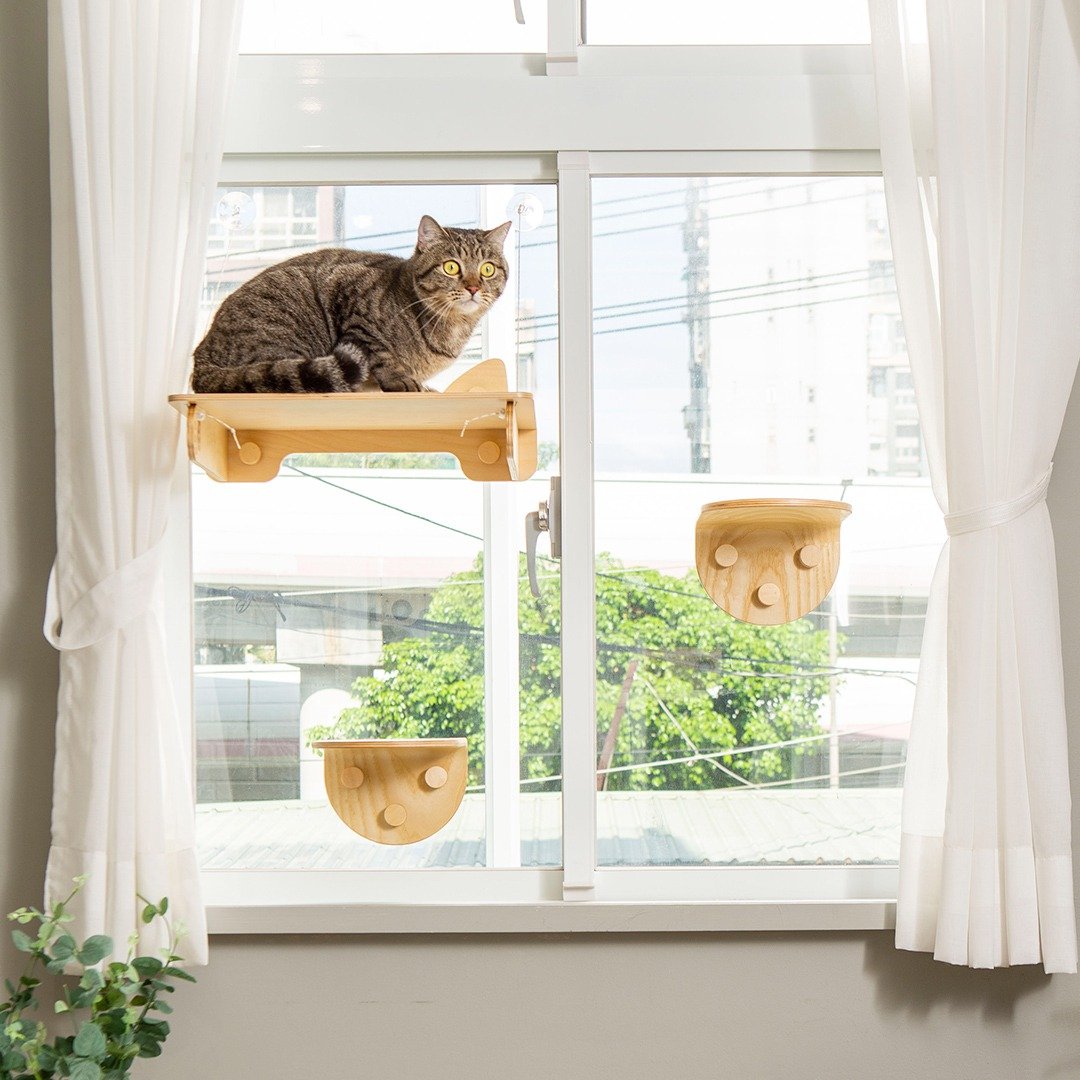 【mysig喵空漫步】豪华猫憩台3入组 悬挂式/窗墙两用/透视零死 - 抓板/跳台 - 木头 