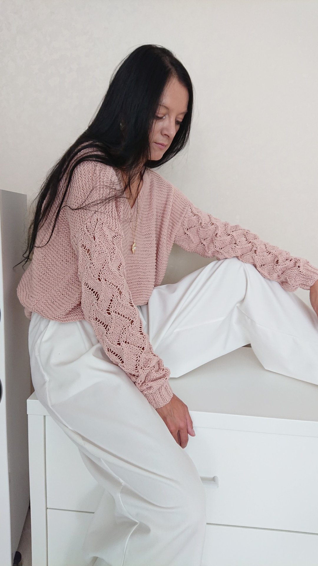 蕾丝袖毛衣 V 领套头衫 棉质长袖针织上衣 Oversize 毛衣 - 女装针织衫/毛衣 - 棉 