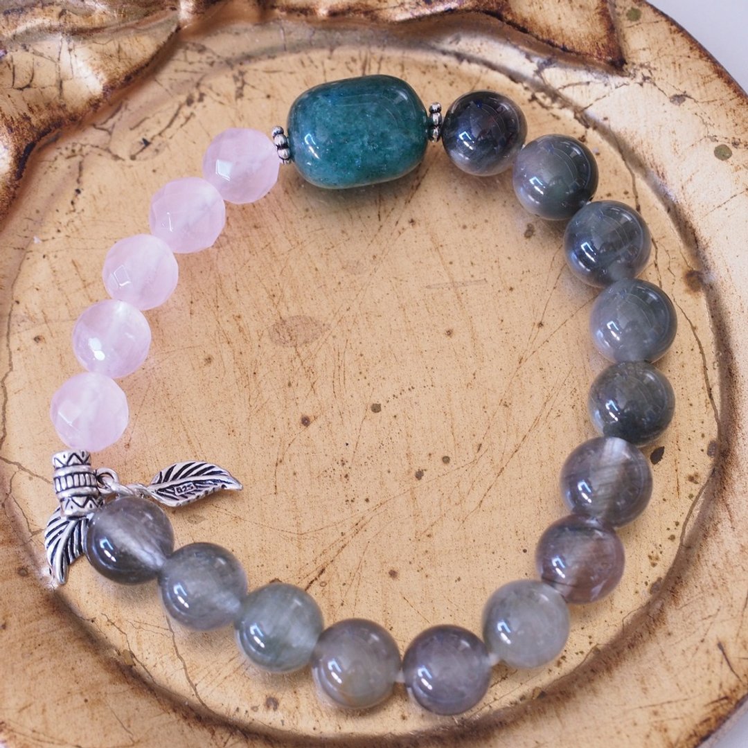 东菱玉 粉晶 绿发晶 纯银手环 Aventurine green rutile Bracelet - 手链/手环 - 水晶 绿色