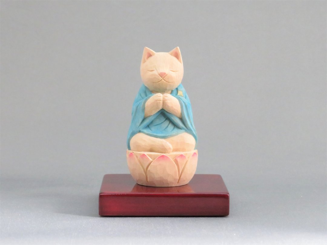 Wood carving Cat Buddha 1917 - 玩偶/公仔 - 木头 蓝色