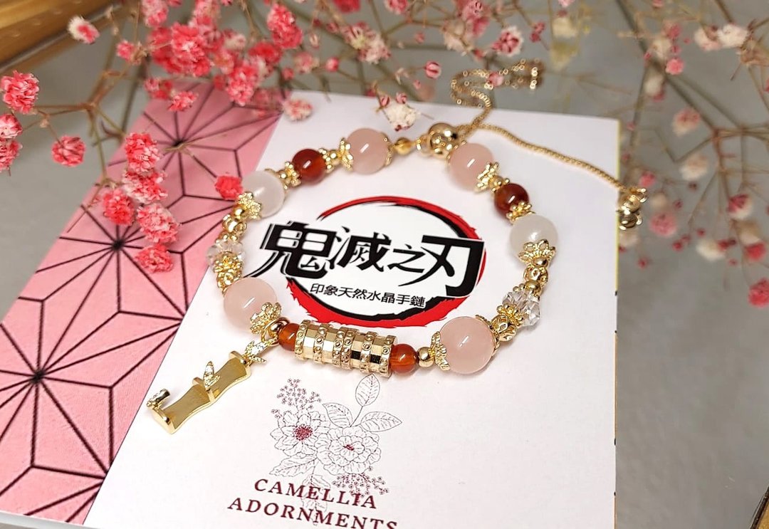 【鬼灭之刃】竈门禰豆子| 同人印象水晶DIY设计手链 - 定制化礼物 - 手链/手环 - 宝石 粉红色