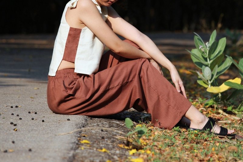 高腰直筒裤，亚麻棉混纺材质 - 女装长裤 - 棉．麻 咖啡色