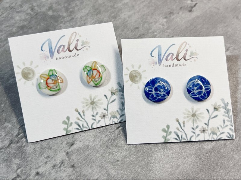 Vali 原创 - 夜合花原色、蓝染 - 耳环/耳夹 - 不锈钢 