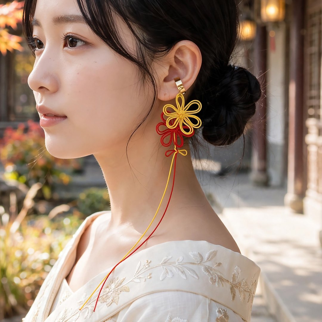 绳结单边耳夹 光辉满溢【轻盈日式】适合浴衣、和服、日常穿搭。 - 耳环/耳夹 - 其他金属 橘色