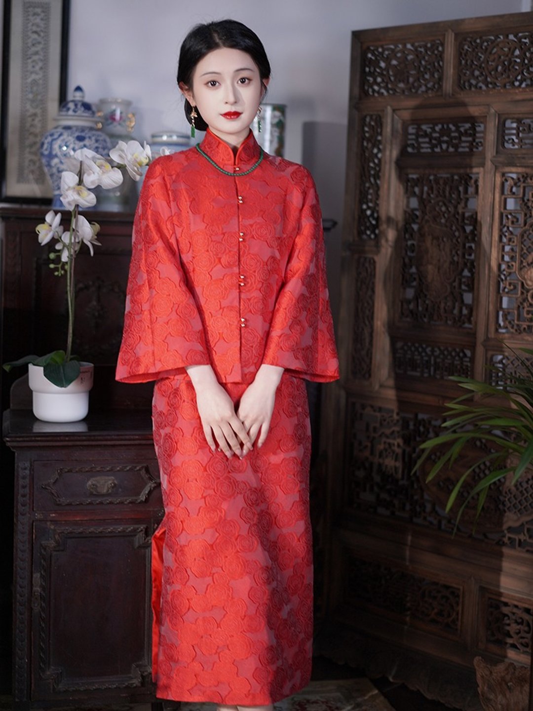 琴瑟 紅色改良旗袍套裝 新中式新娘晨袍 訂婚禮服結婚敬酒服 - 旗袍 - 其他人造纤维 红色