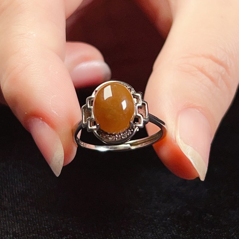 和阗玉蛋面戒指 925纯银 | 天然和阗玉 | 送礼 - 戒指 - 玉石 橘色