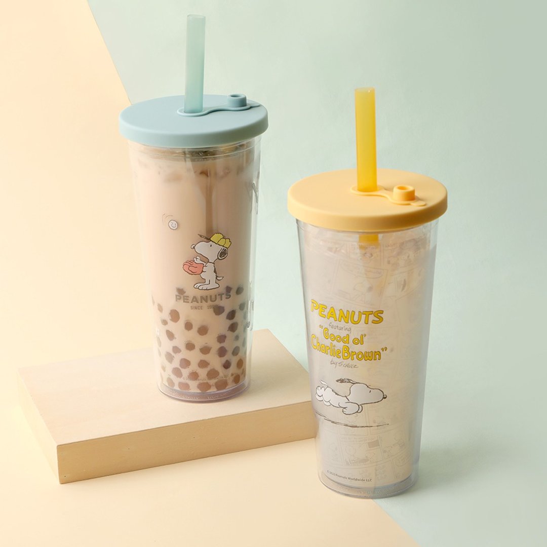 Peanuts史努比双层透明吸管杯-Snoopy 饮料杯 珍珠奶茶杯 随行杯 - 其他杯子 - 塑料 多色
