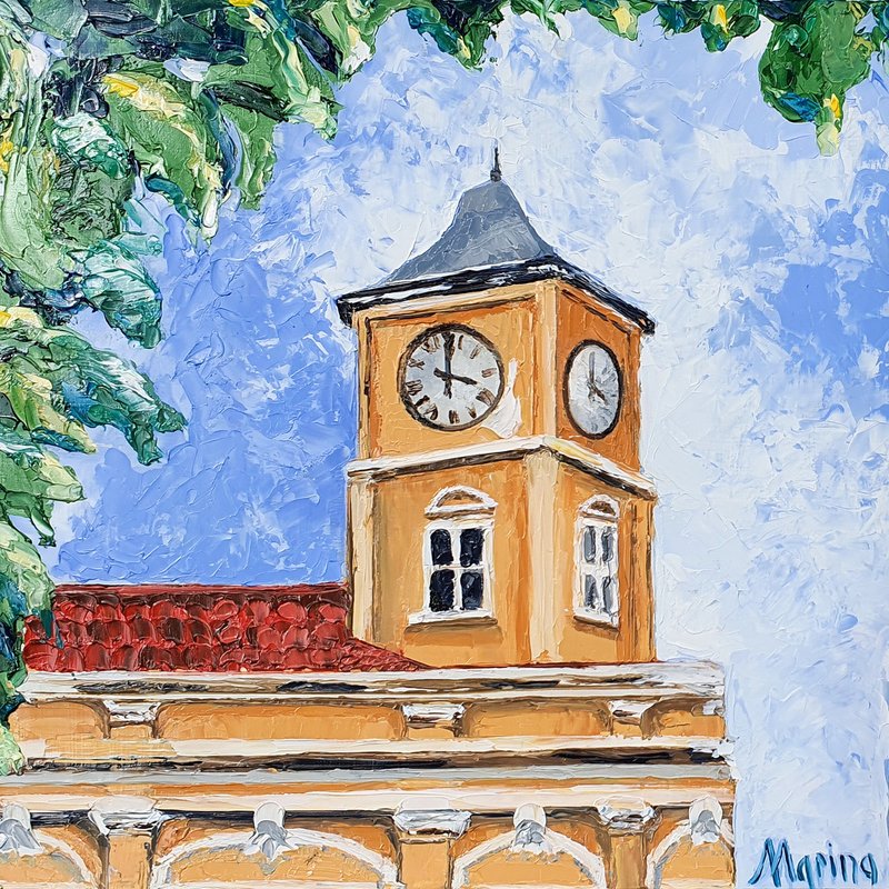Clock Tower Painting Phuket Town Original Art Thailand Old Cityscape Wall Art - 海报/装饰画/版画 - 其他材质 金色