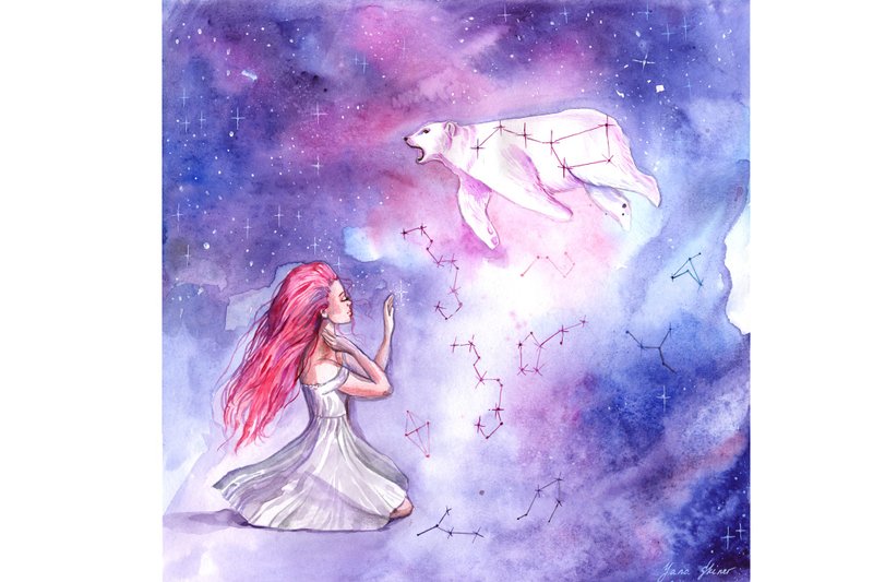 星空北斗星原创艺术女孩水彩神话般的艺术作品的绘画 - 墙贴/壁贴 - 纸 紫色