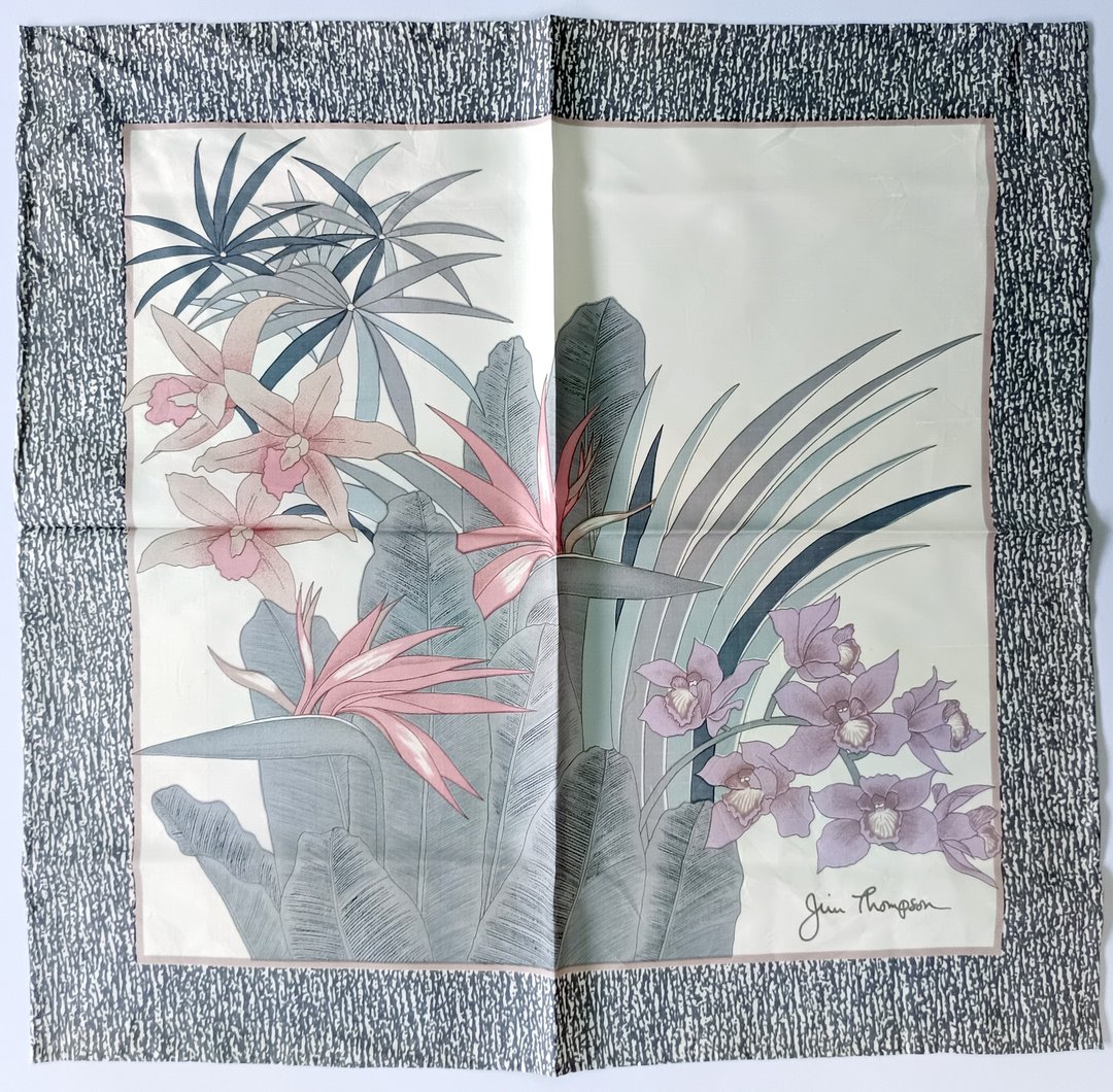 复古 Jim Thompson 手帕 天堂鸟兰花图案 16 x 15 英寸 - 手帕/方巾 - 棉 银色