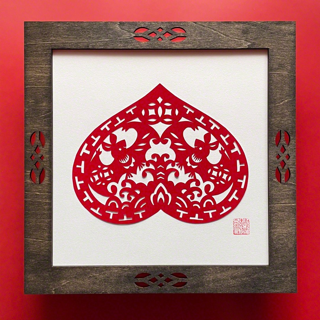 Made-to-order with wooden frame Kirigami Bat and Peach Fukuju Sozen - 海报/装饰画/版画 - 纸 红色