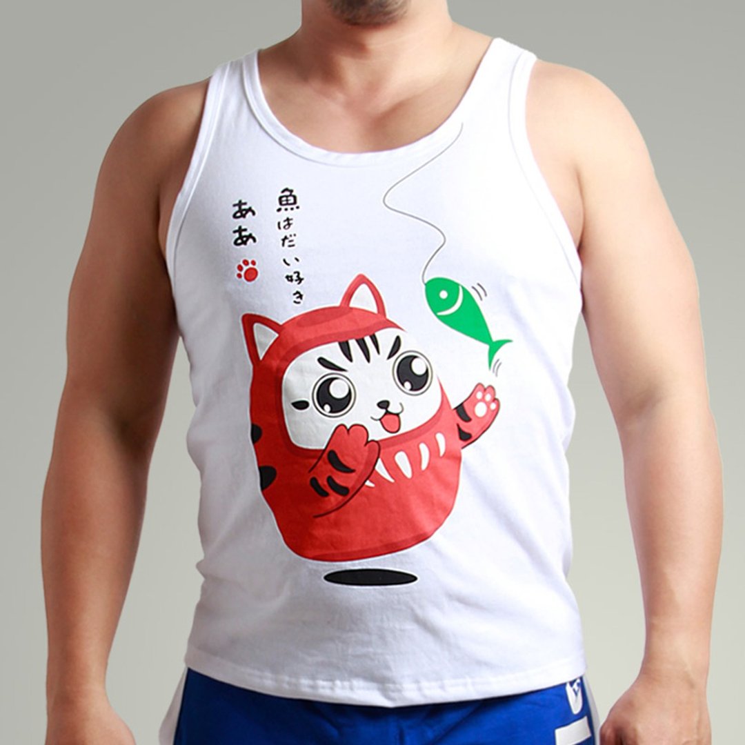 背心_喵达摩爱抓鱼(白) - 男装背心 - 棉 白色