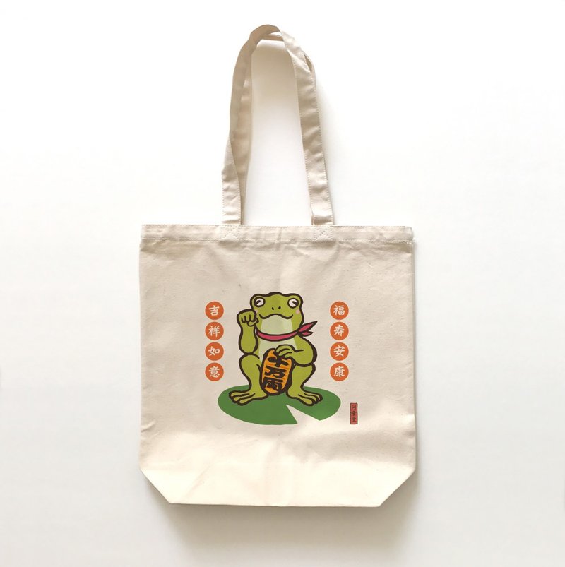 托特包 招福青蛙 - 手提包/手提袋 - 棉．麻 白色