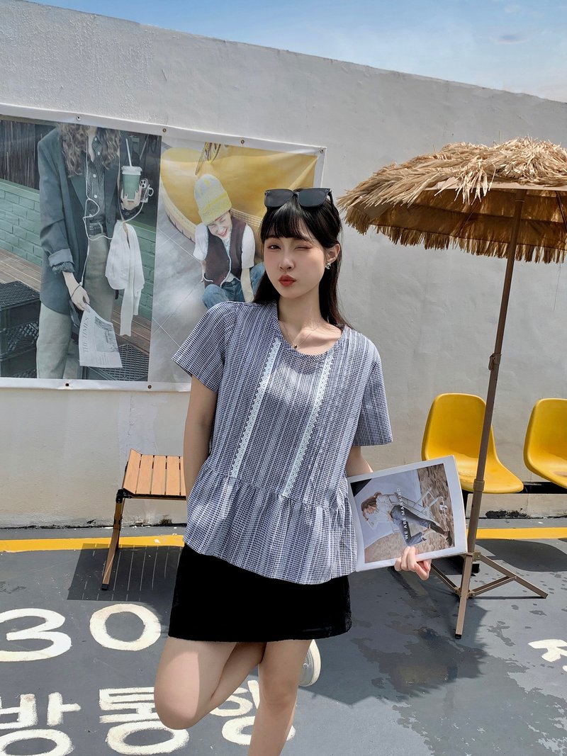 |初秋新品2件75折| 圆领条纹蕾丝上衣|黑色|无里衬|无弹|不透明 - 女装上衣 - 聚酯纤维 黑色