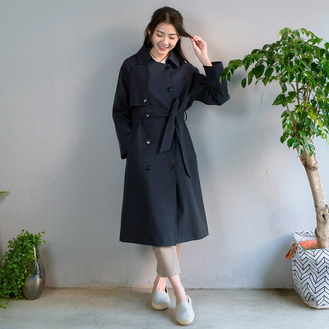 天丝翻领长版风衣外套 蓝 M - 女装休闲/机能外套 - 棉 蓝色