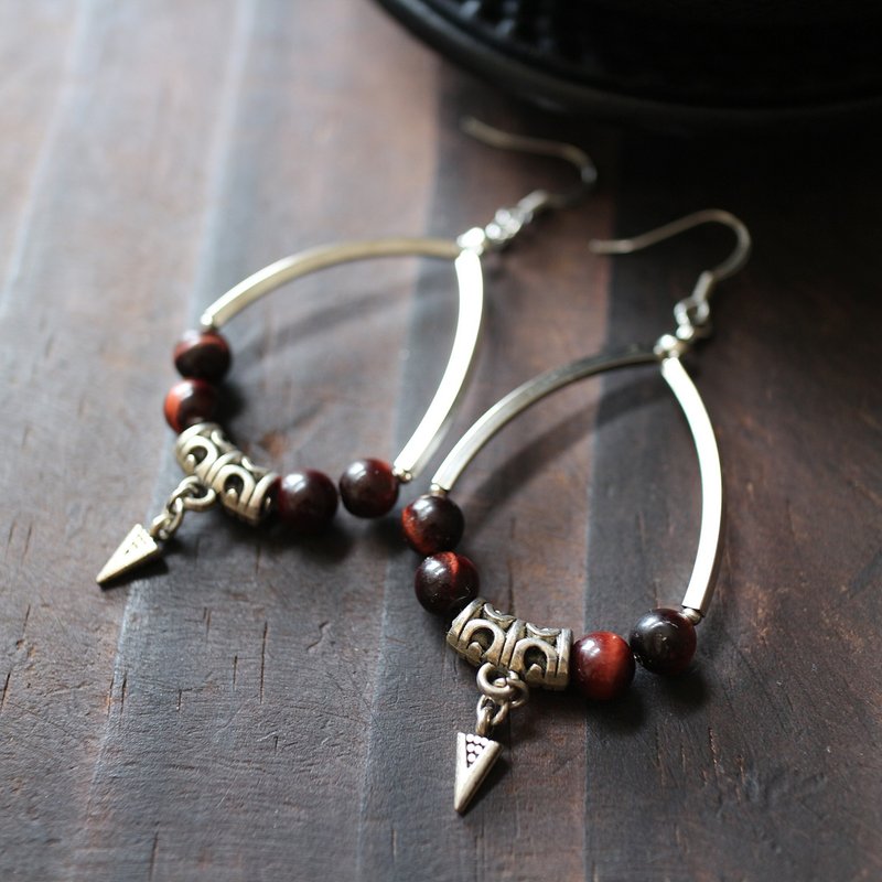 红色红虎眼石白铜铜管耳环 耳针 耳夹 - 耳环/耳夹 - 半宝石 红色