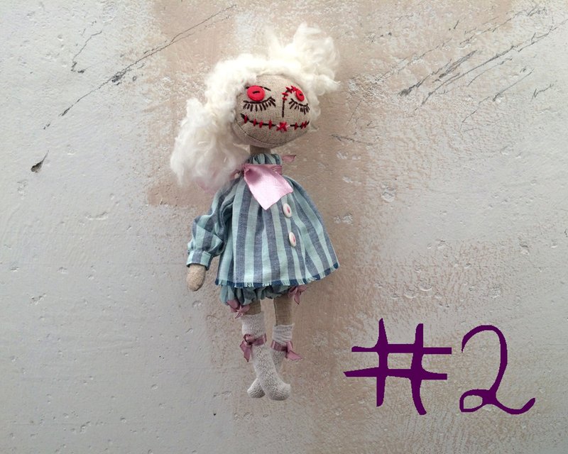 Rag creepy doll #2, OOAK haunted halloween doll, handmade horror weird doll - 玩偶/公仔 - 亚麻 蓝色