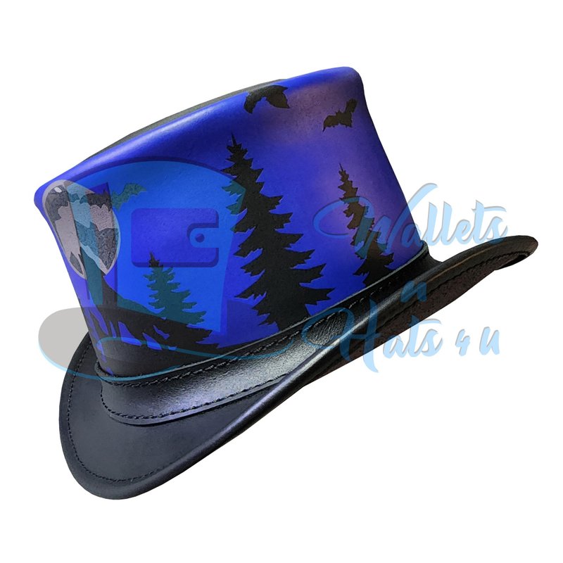 嚎月狼影 蒸汽庞克 皮革高帽 - 帽子 - 真皮 黑色