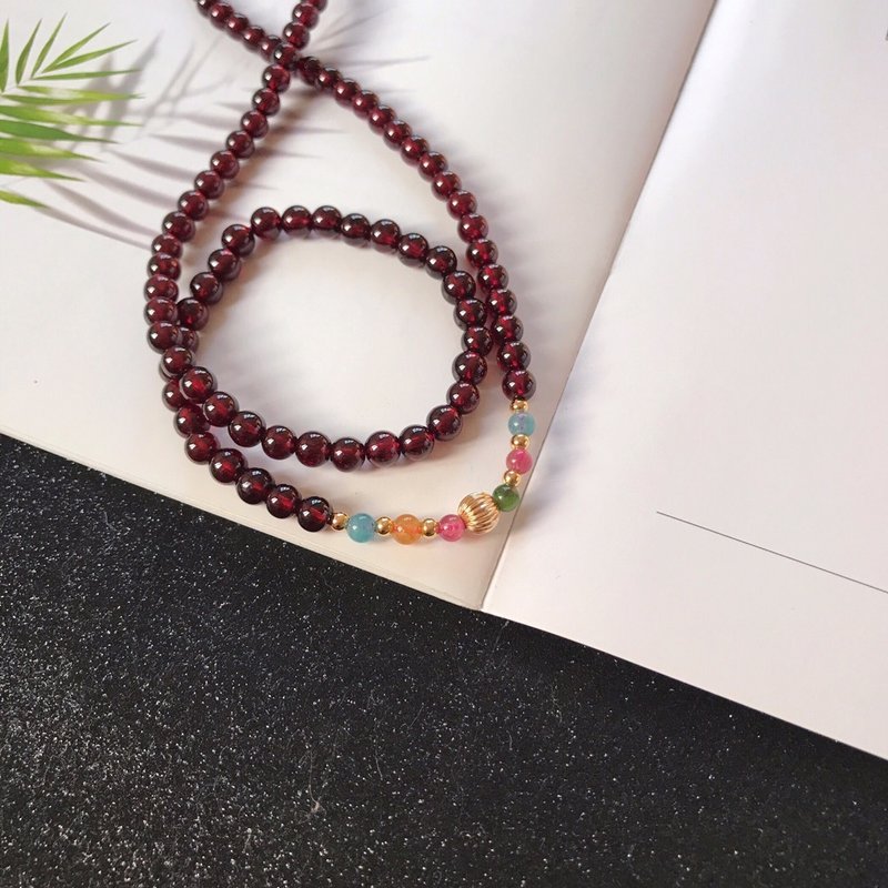 天然原矿石榴石 糖果碧玺设计多圈手串手持s - 手链/手环 - 水晶 红色