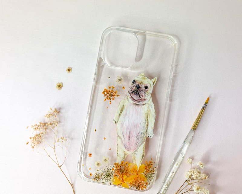 定制化手绘宠物押花手机壳 | 狗狗 法斗犬 - 手机壳/手机套 - 植物．花 橘色