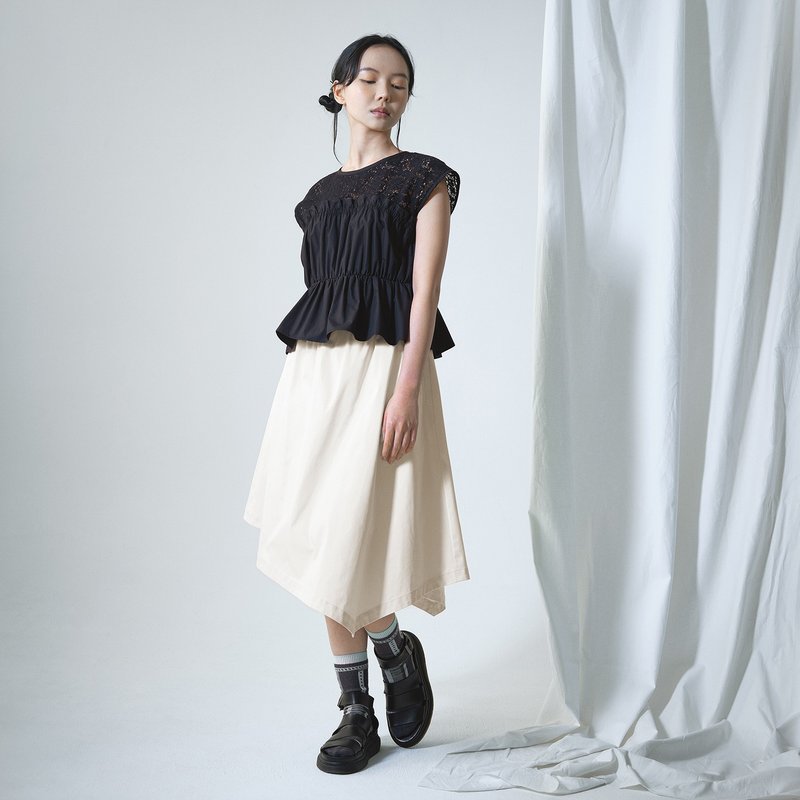 滑料不规则斜摆裙 - 裙子 - 棉．麻 白色