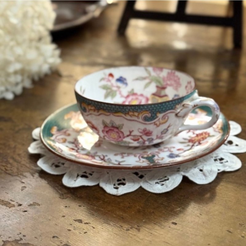 50437-绝美法国古董Sarreguemines MINTON248手绘茶杯茶碟 - 茶具/茶杯 - 瓷 银色